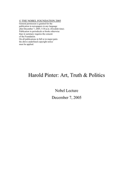Harold Pinter: Art, Truth & Politics