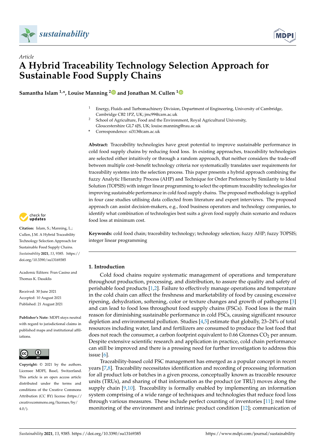 A Hybrid Traceability Technology Selection Approach for Sustainable Food Supply Chains