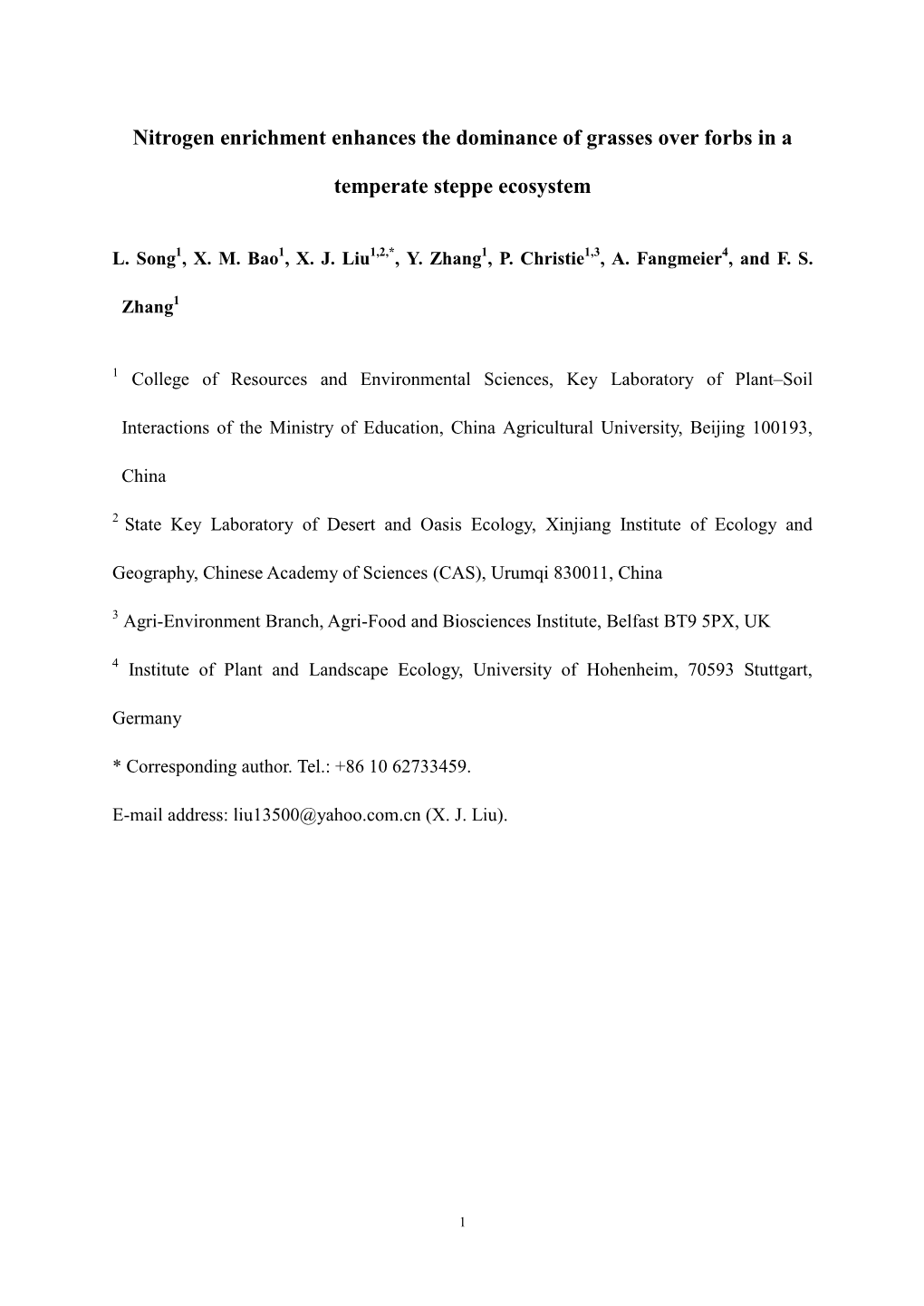 Impact of Nitrogen Addition on Species Richness, Plant Δ15n And