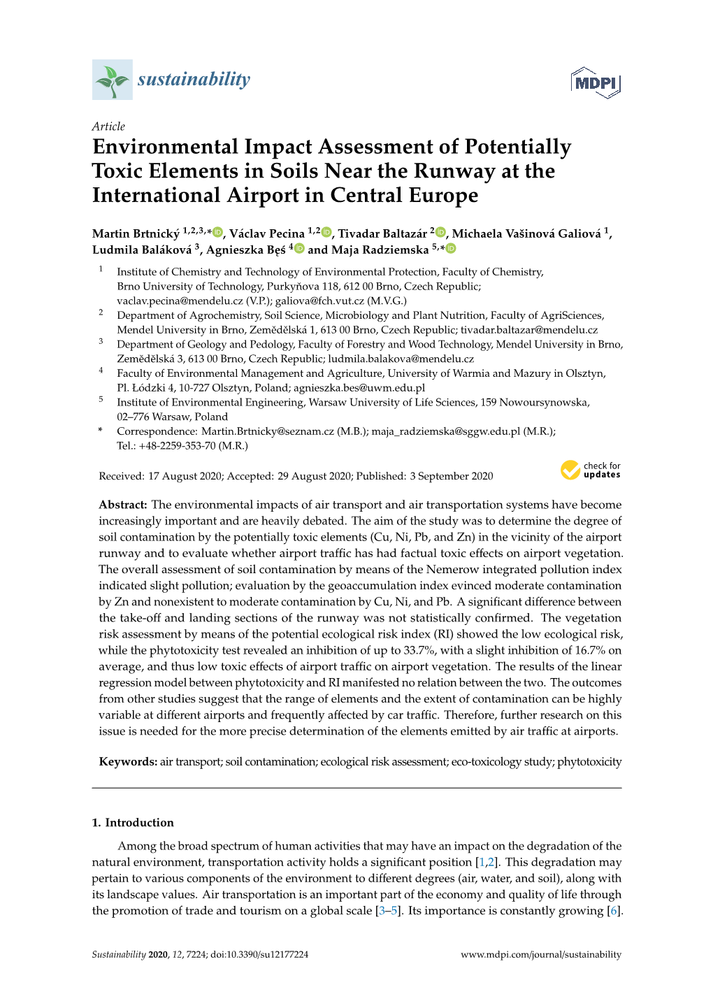 Environmental Impact Assessment of Potentially Toxic Elements in Soils Near the Runway at the International Airport in Central Europe