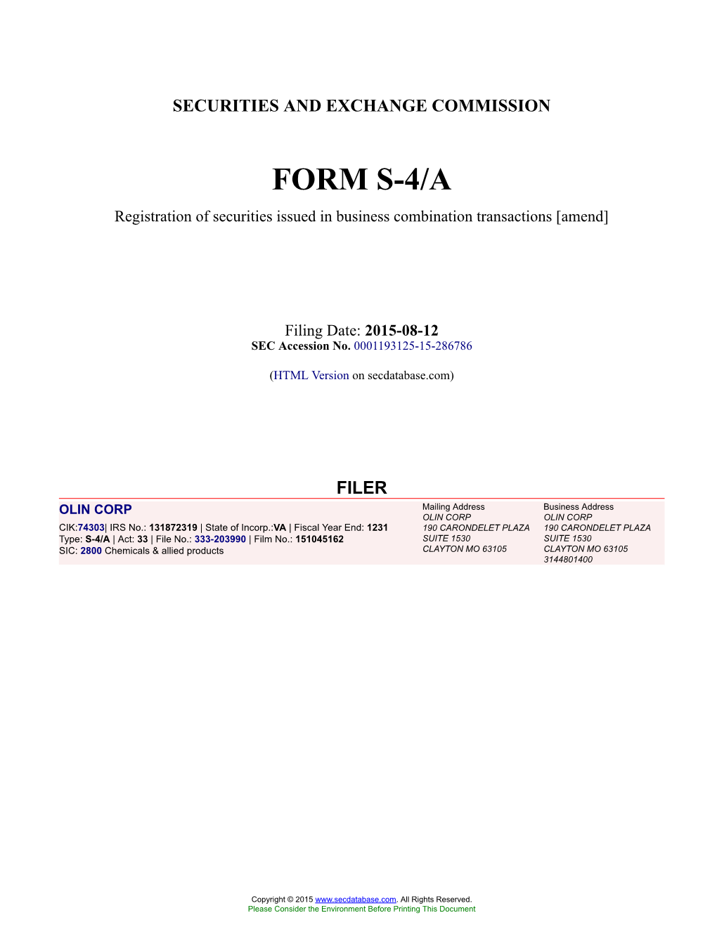 OLIN CORP Form S-4/A Filed 2015-08-12