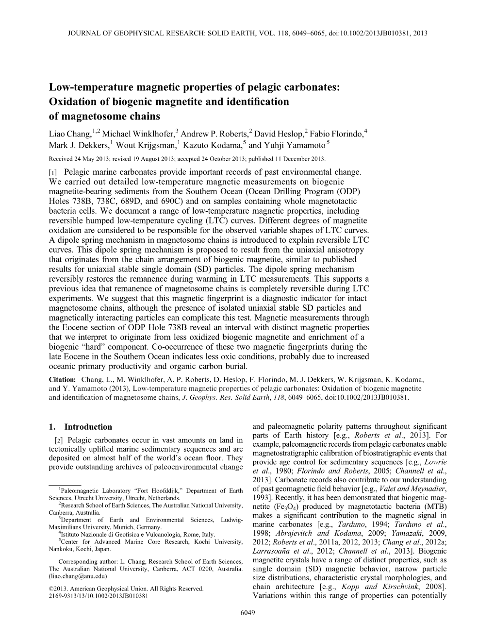 Lowtemperature Magnetic Properties of Pelagic Carbonates: Oxidation of Biogenic Magnetite and Identification of Magnetosome Chai