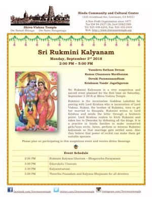 Sri Rukmini Kalyanam Monday, September 3Rd 2018 2:00 PM – 5:00 PM