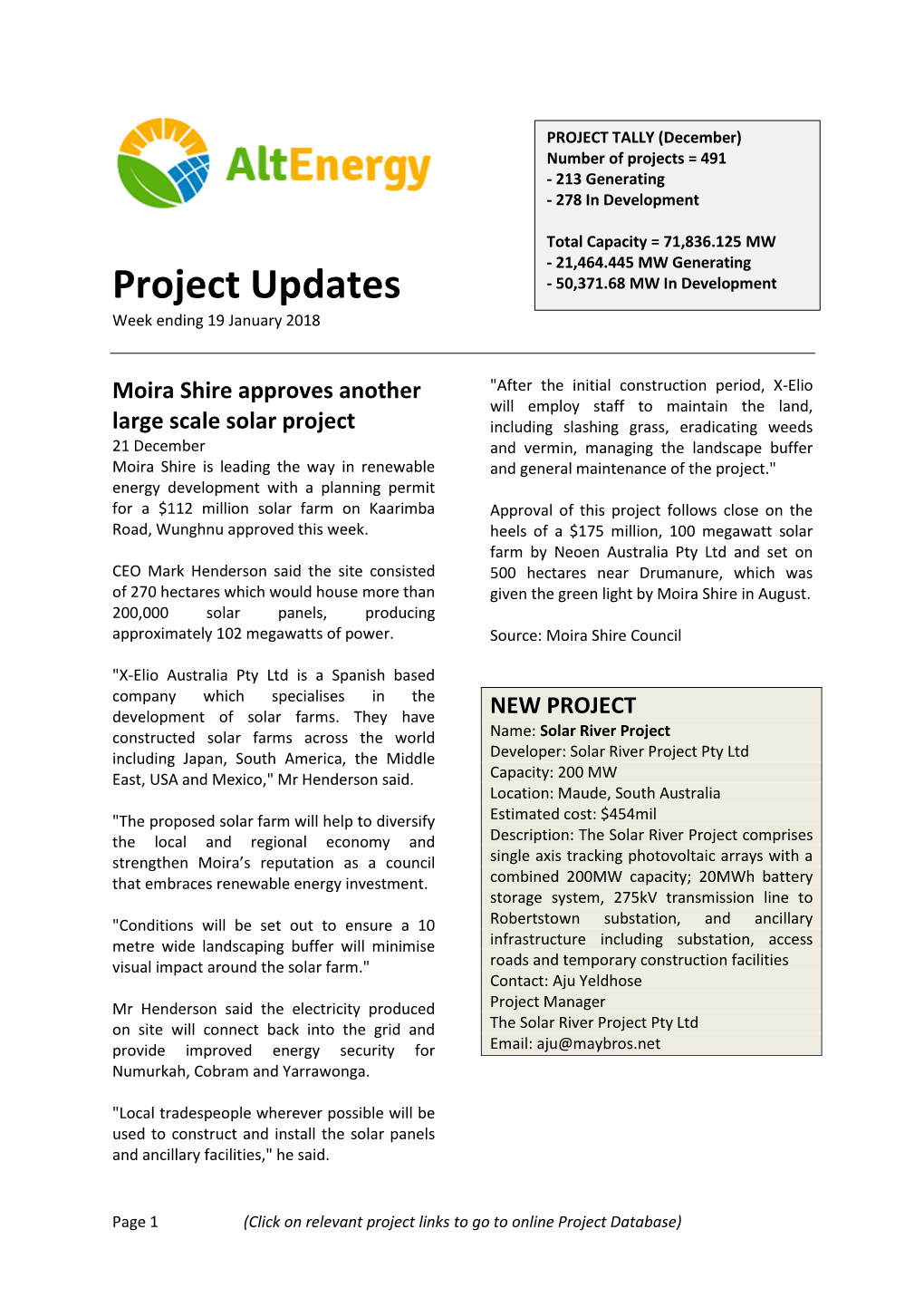 Project Updates Week Ending 19 January 2018