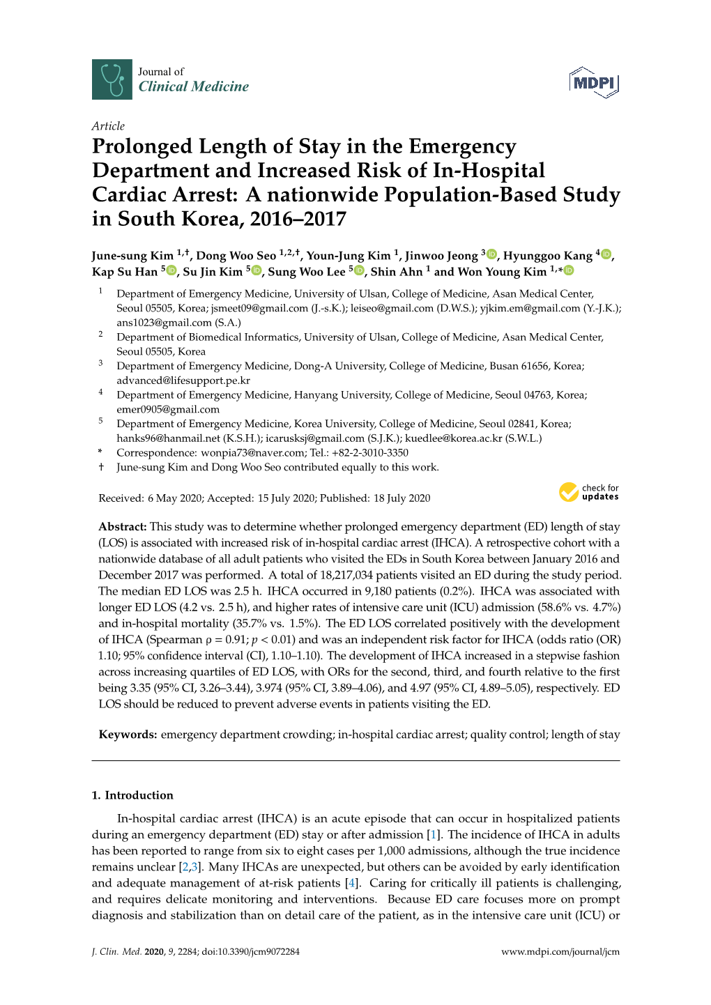Prolonged Length of Stay in the Emergency Department and Increased Risk of In-Hospital Cardiac Arrest: a Nationwide Population-Based Study in South Korea, 2016–2017