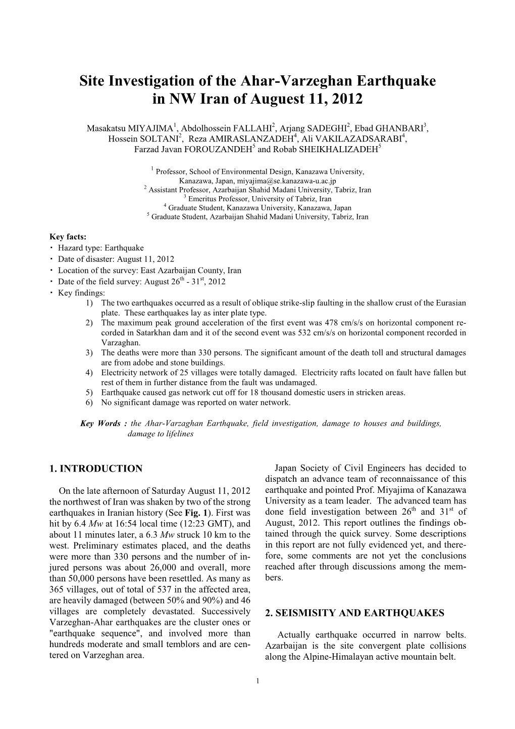 Site Investigation of the Ahar-Varzeghan Earthquake in NW Iran of Auguest 11, 2012