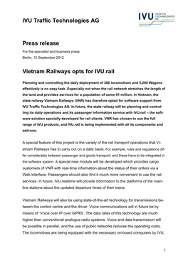 Vietnam Railways Opts for IVU.Rail