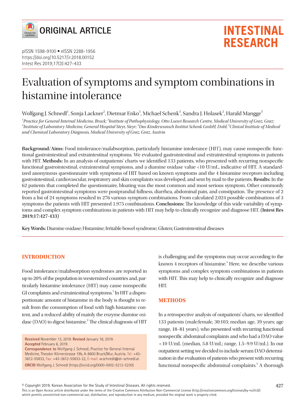 Evaluation of Symptoms and Symptom Combinations in Histamine Intolerance