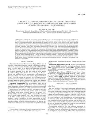 A Re-Evaluation of Brachiosaurus Altithorax (Riggs, 1903)