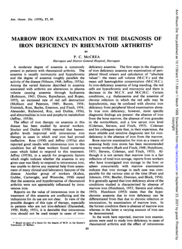 Marrow Iron Examination in the Diagnosis of Iron Deficiency in Rheumatoid Arthritis* by P