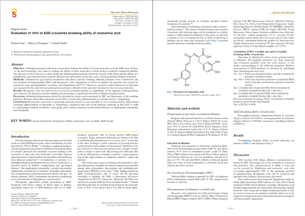 Evaluation in Vitro of AGE-Crosslinks Breaking Ability of Rosmarinic Acid of Proteins with Reducing Sugar Can Be Considered As a Global Bioscience, Tokyo, Japan)