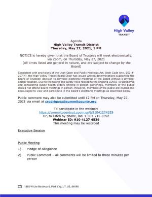 Agenda High Valley Transit District Thursday, May 27, 2021, 1 PM