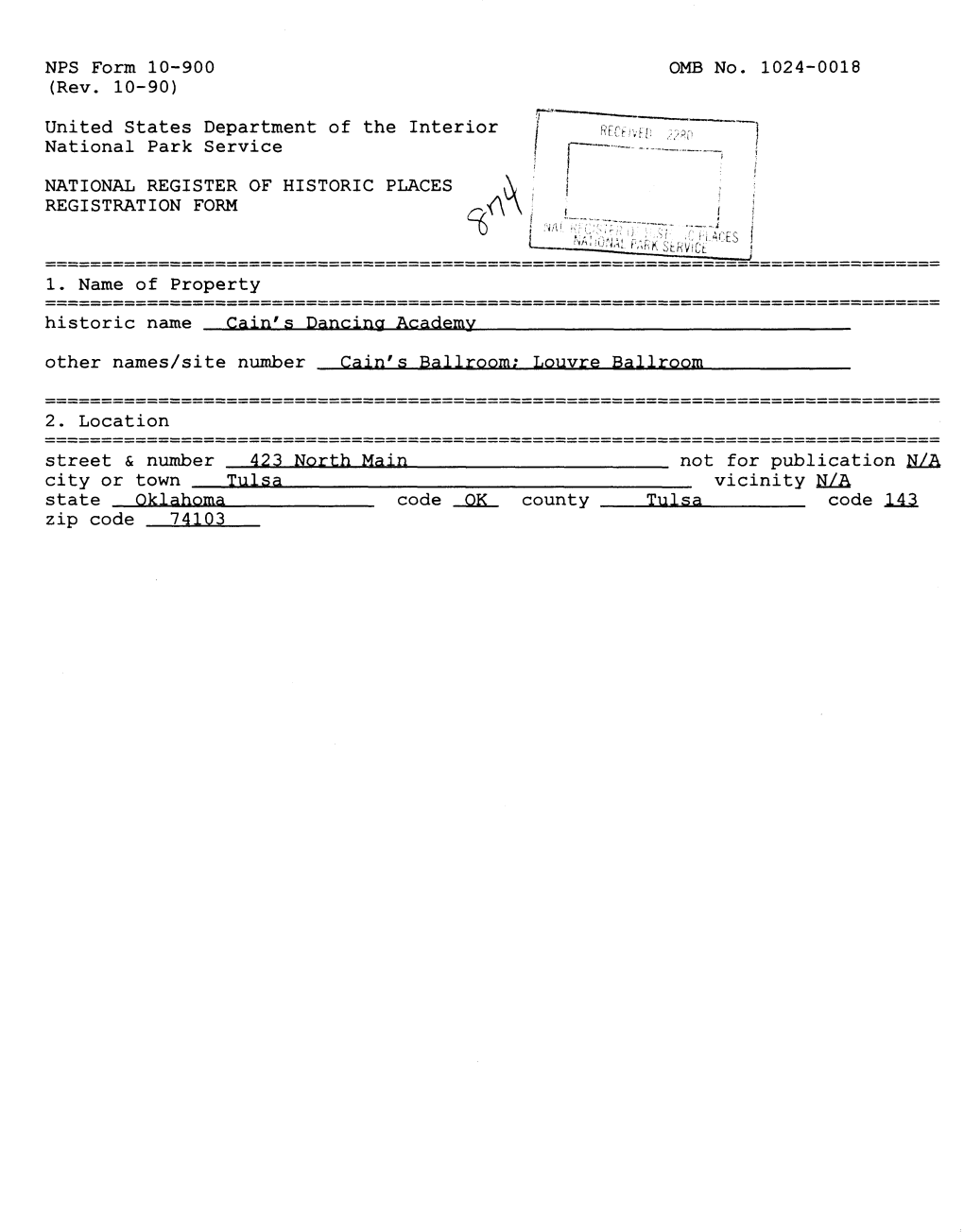 United States Department of the Interior National Park Service 1. Name of Property