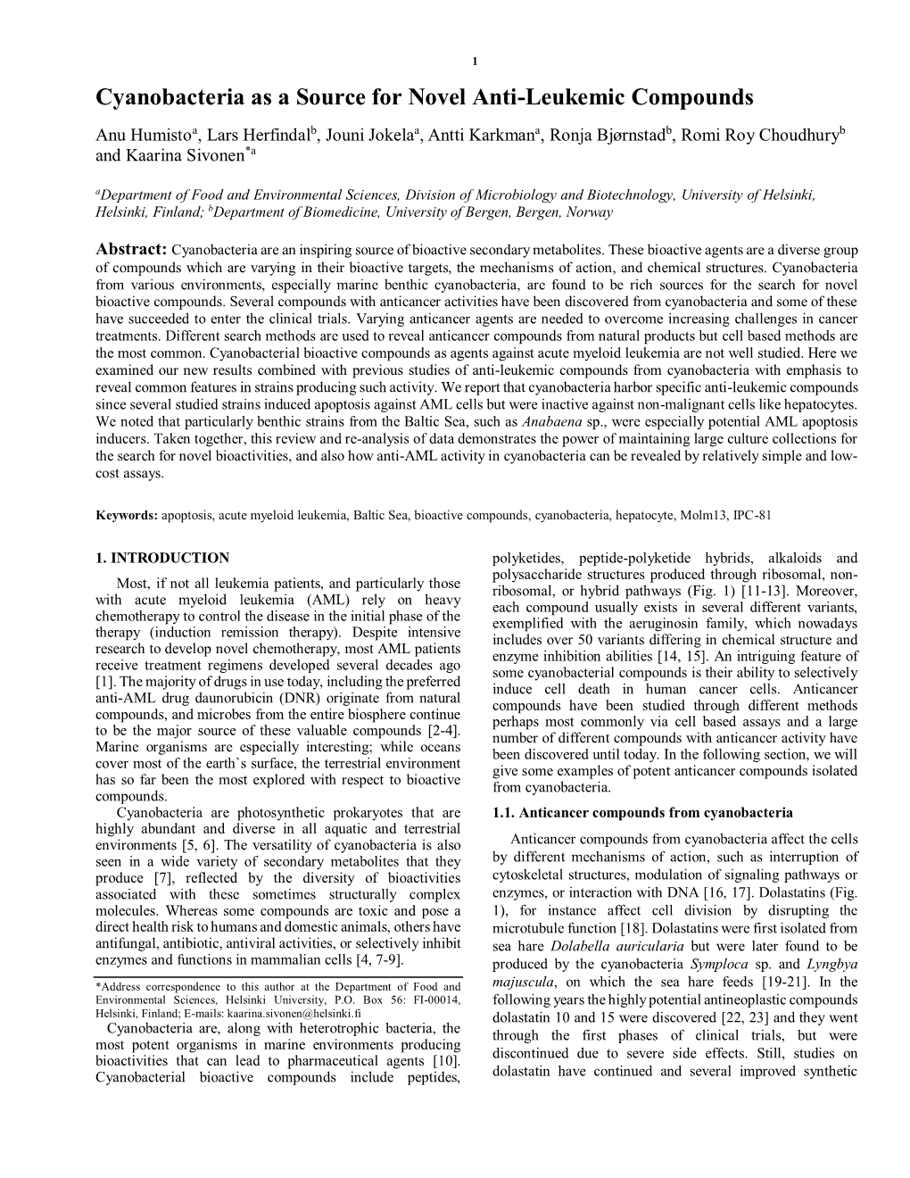 Cyanobacteria As a Source for Novel Anti-Leukemic Compounds