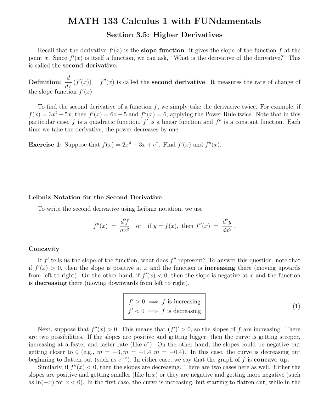 MATH 133 Calculus 1 with Fundamentals Section 3.5: Higher Derivatives