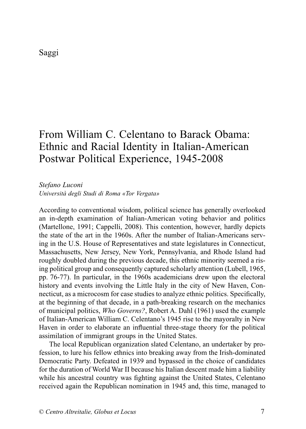 Ethnic and Racial Identity in Italian-American Postwar Political Experience, 1945-2008