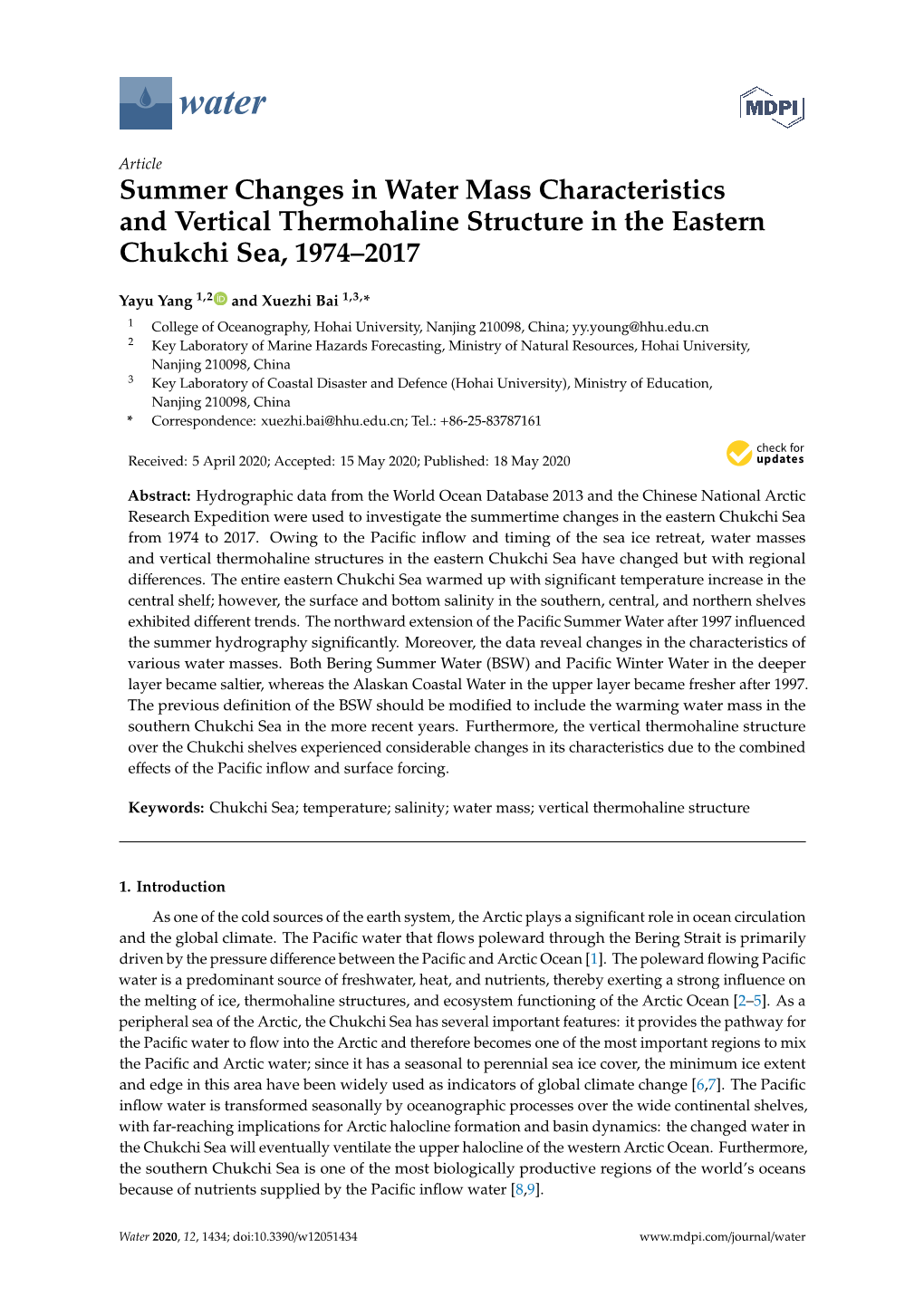 Summer Changes in Water Mass Characteristics and Vertical Thermohaline Structure in the Eastern Chukchi Sea, 1974–2017