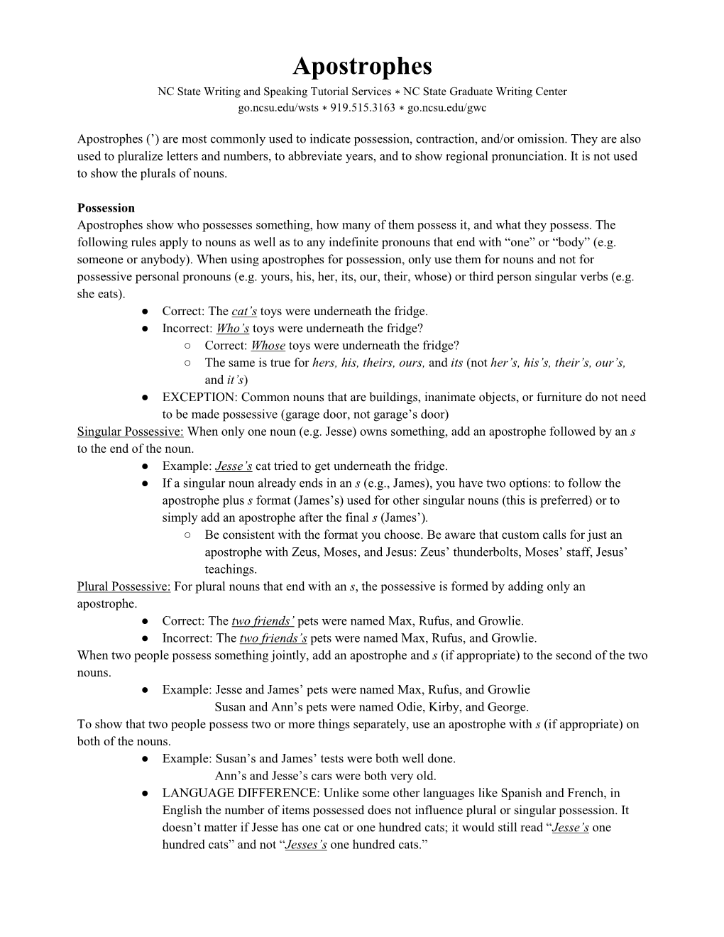 Apostrophes NC State Writing and Speaking Tutorial Services ∗ NC State Graduate Writing Center Go.Ncsu.Edu/Wsts ∗ 919.515.3163 ∗ Go.Ncsu.Edu/Gwc