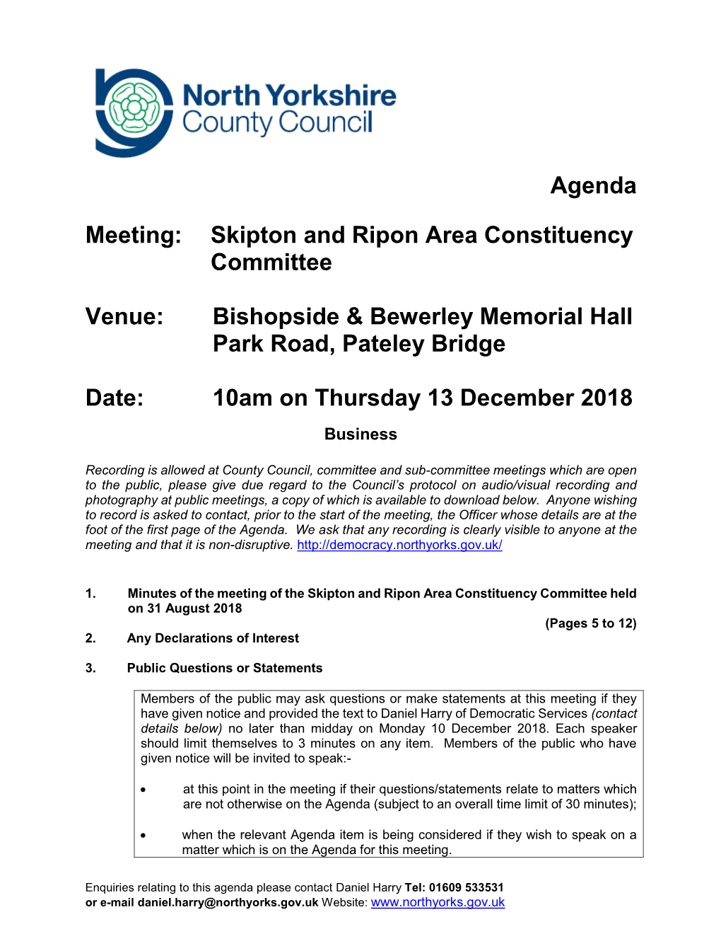 Agenda Meeting: Skipton and Ripon Area Constituency Committee Venue