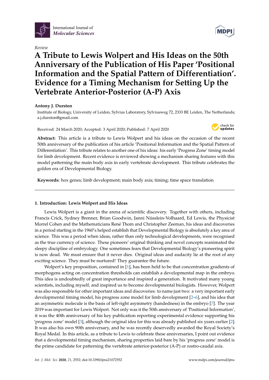 A Tribute to Lewis Wolpert and His Ideas on the 50Th Anniversary of the Publication of His Paper ‘Positional Information and the Spatial Pattern of Differentiation’