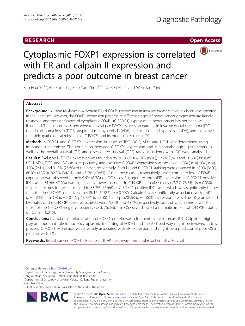 Cytoplasmic FOXP1 Expression Is Correlated with ER and Calpain II Expression and Predicts a Poor Outcome in Breast Cancer