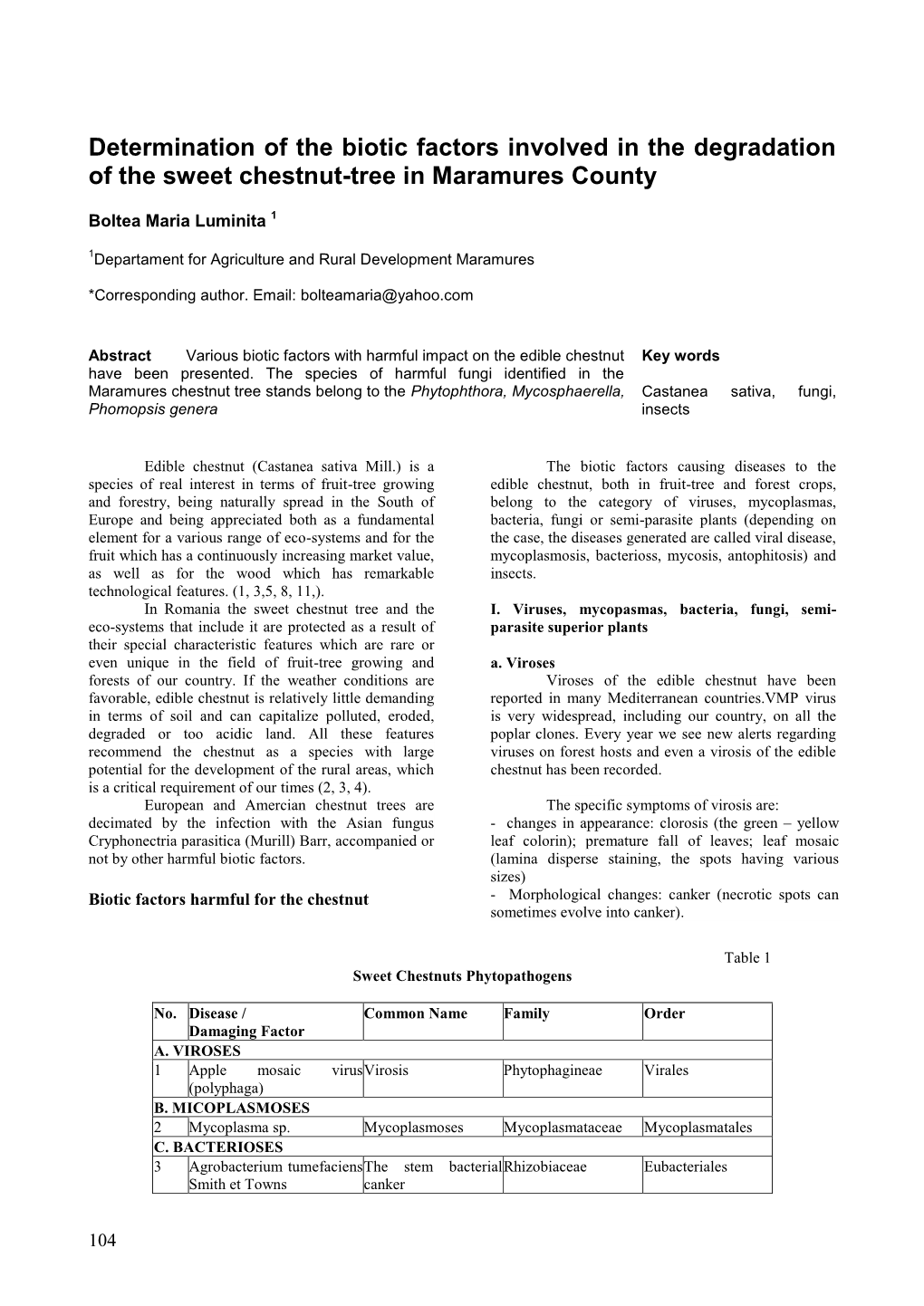 Determination of the Biotic Factors Involved in the Degradation of the Sweet Chestnut-Tree in Maramures County