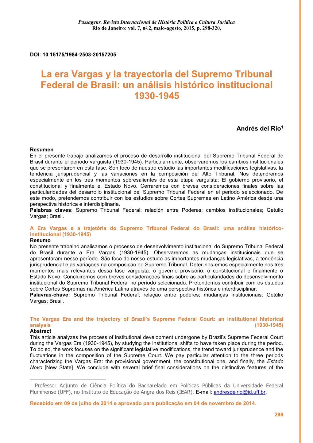 La Era Vargas Y La Trayectoria Del Supremo Tribunal Federal De Brasil: Un Análisis Histórico Institucional 1930-1945