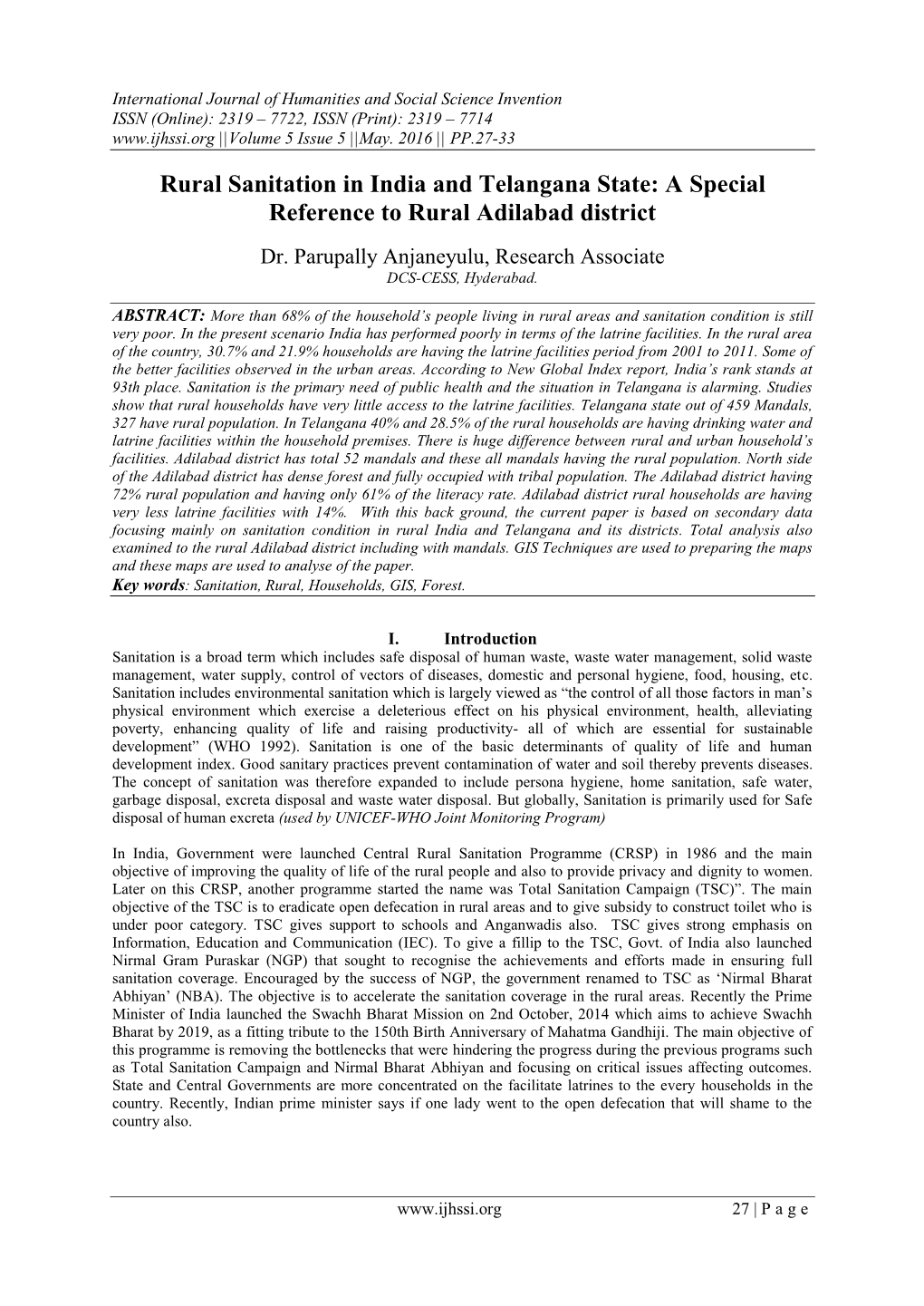 Rural Sanitation in India and Telangana State: a Special Reference to Rural Adilabad District