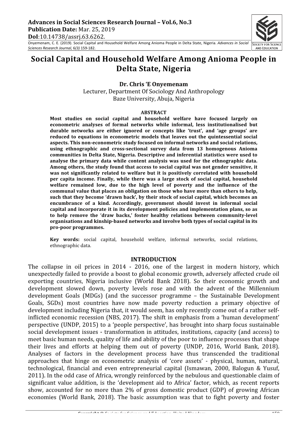 Social Capital and Household Welfare Among Anioma People in Delta State, Nigeria