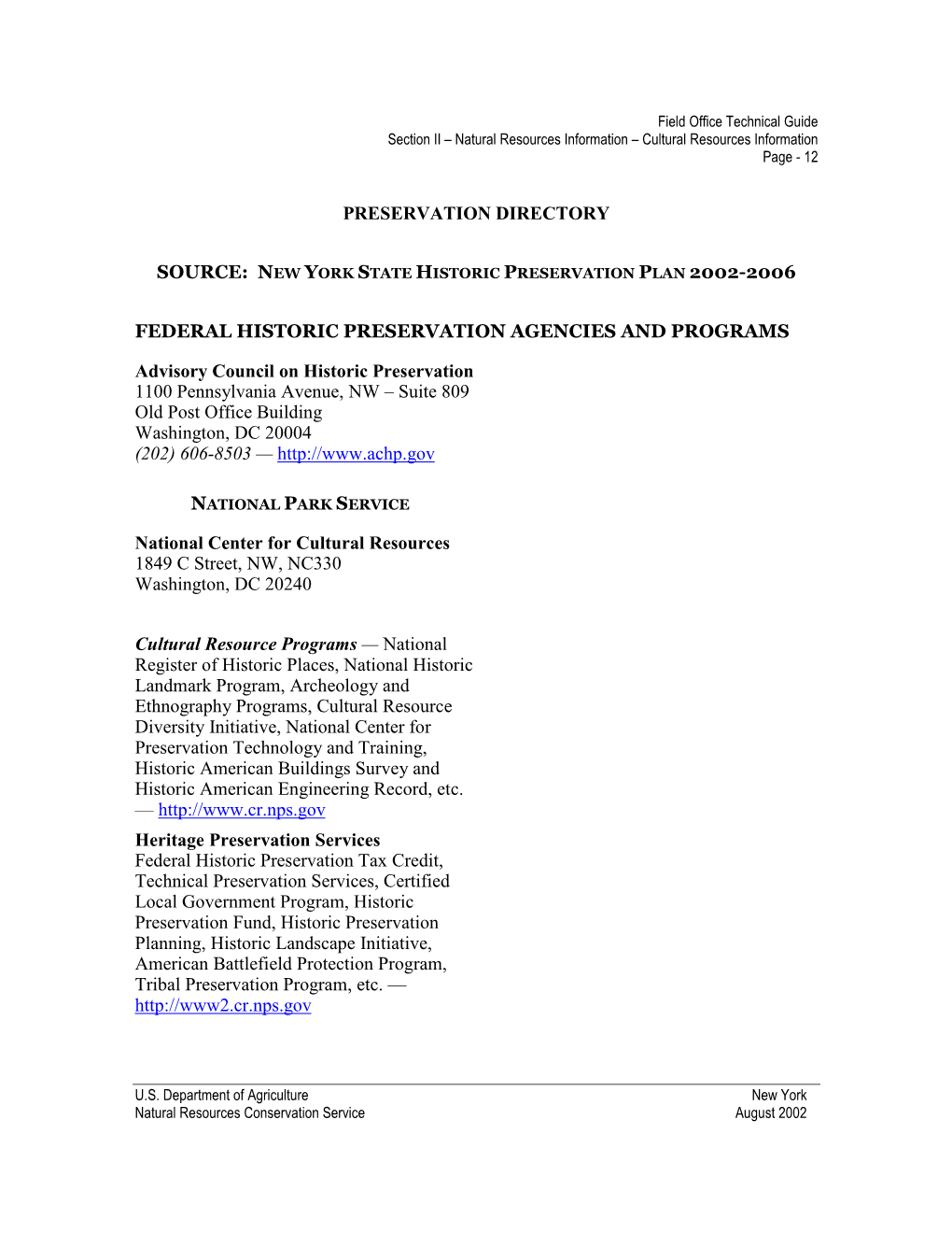 Preservation Directory Federal Historic