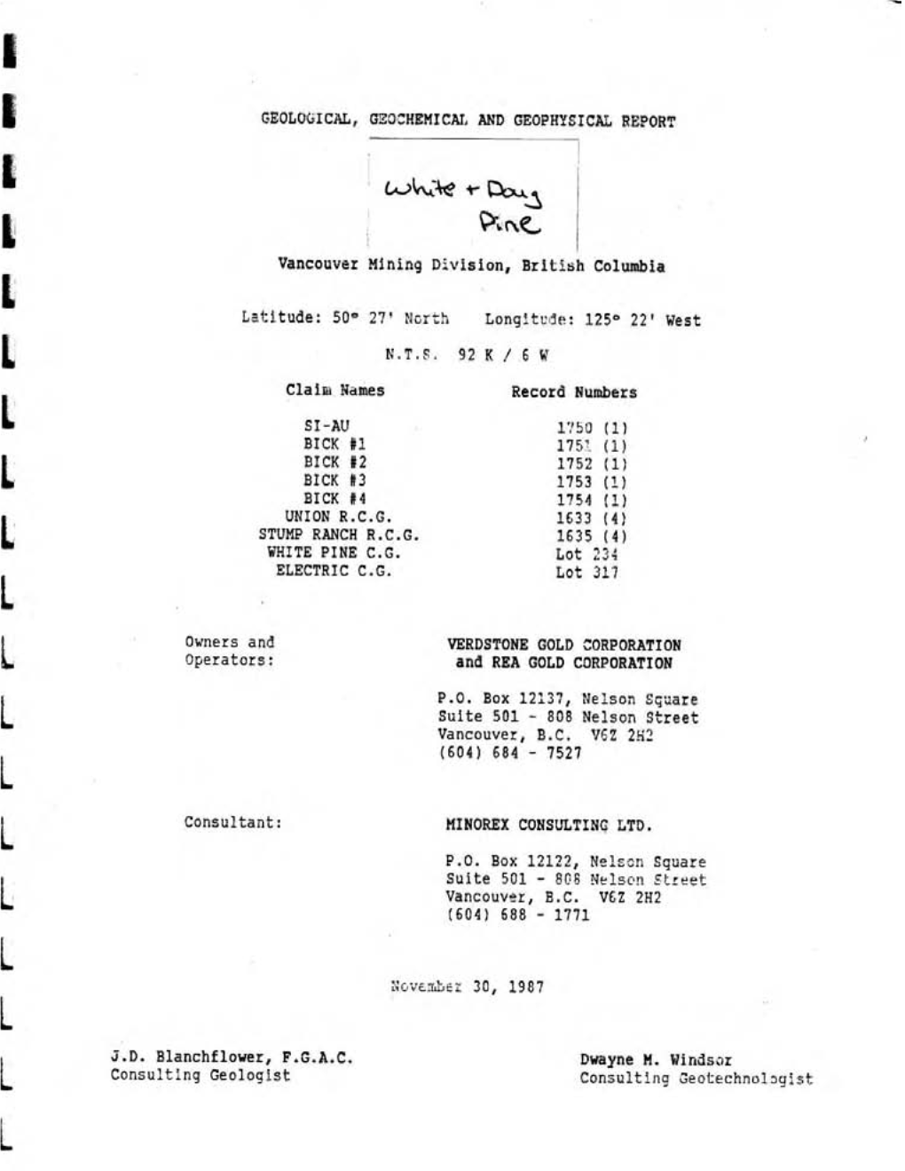 Vancouver Mining Division, British Columbia Latitude: 500 27 Yncrcp