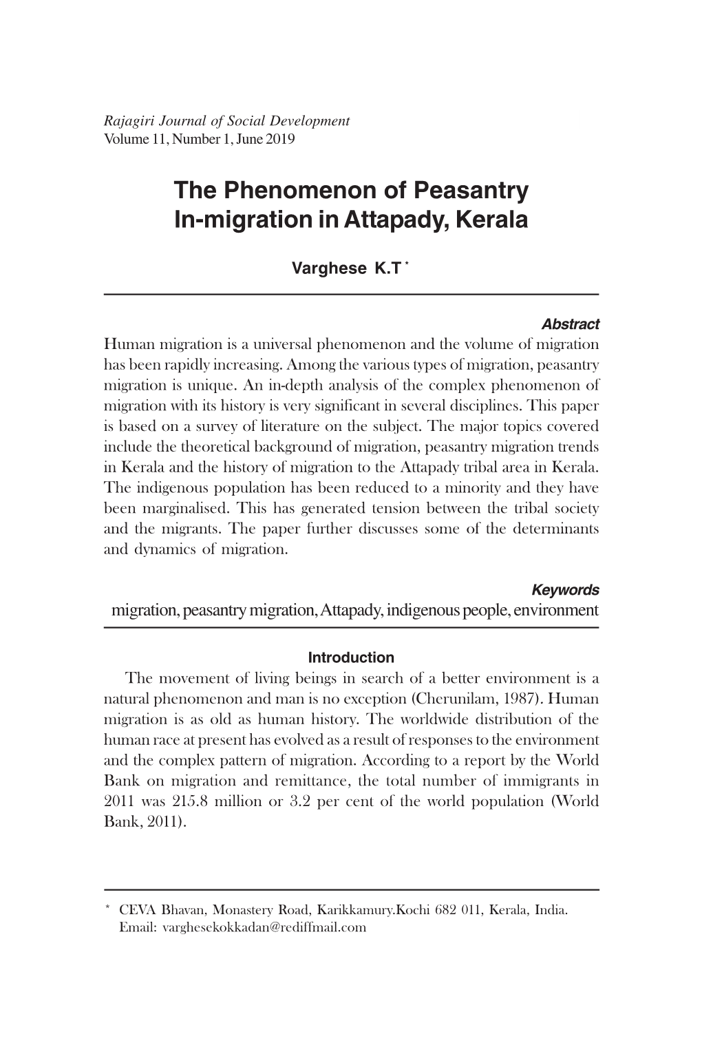 The Phenomenon of Peasantry In-Migration in Attapady, Kerala