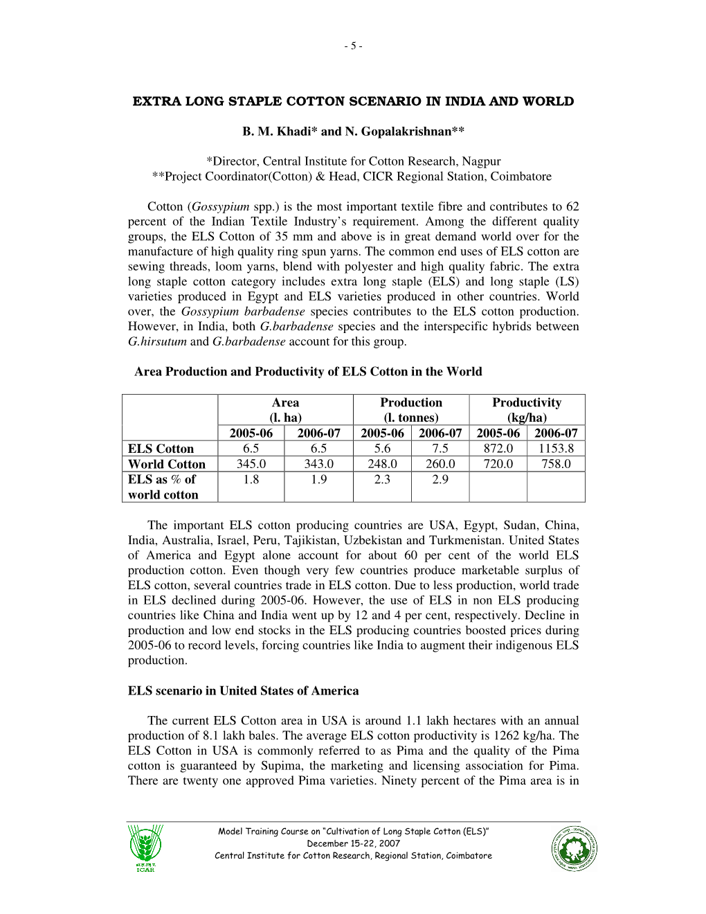 Extra Long Staple Cotton Scenario in India and World