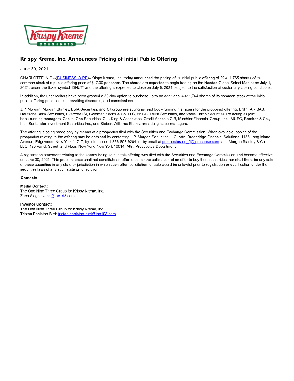 Krispy Kreme, Inc. Announces Pricing of Initial Public Offering