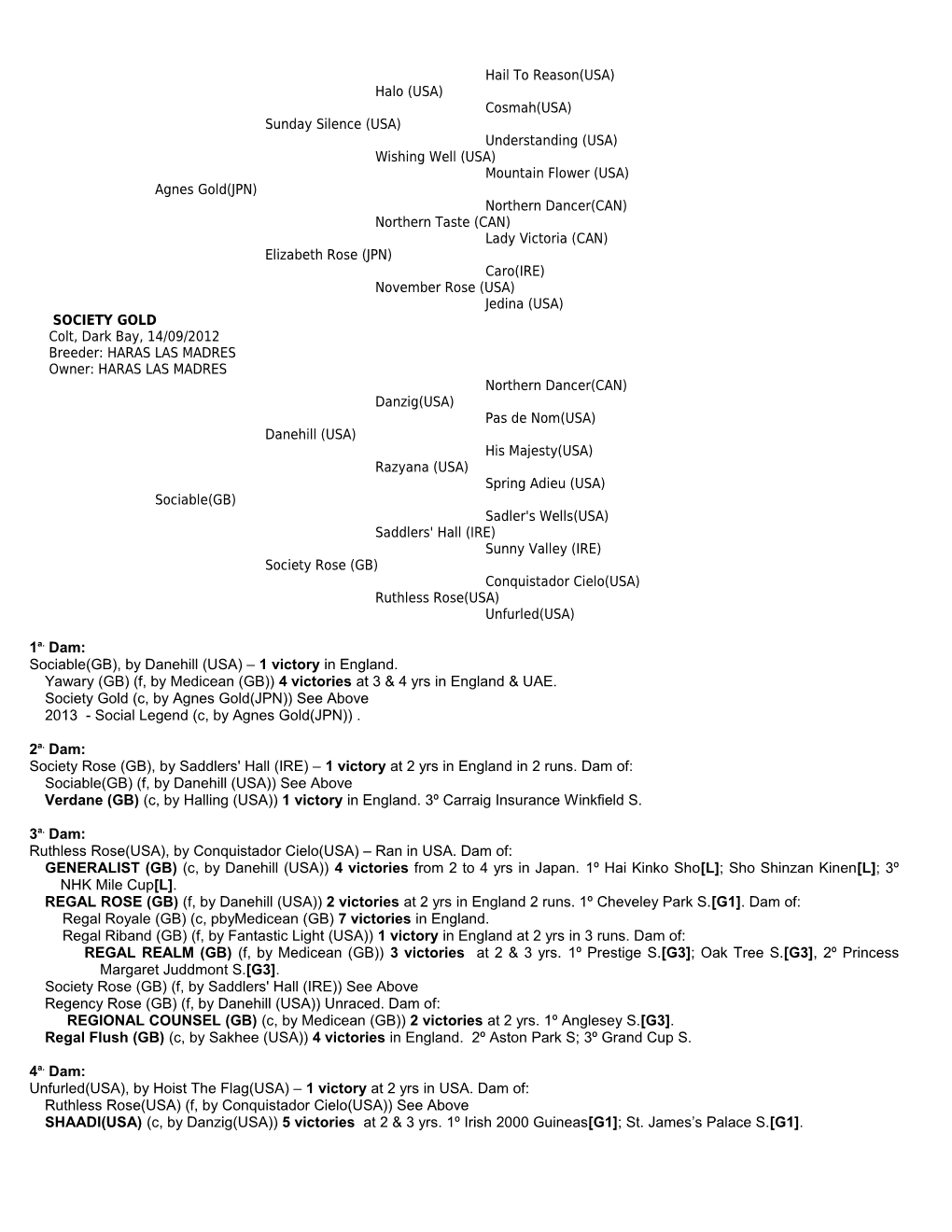 Sociable(GB) Sadler's Wells(USA) Saddlers' Hall (IRE) Sunny Valley (IRE) Society Rose (GB) Conquistador Cielo(USA) Ruthless Rose(USA) Unfurled(USA)