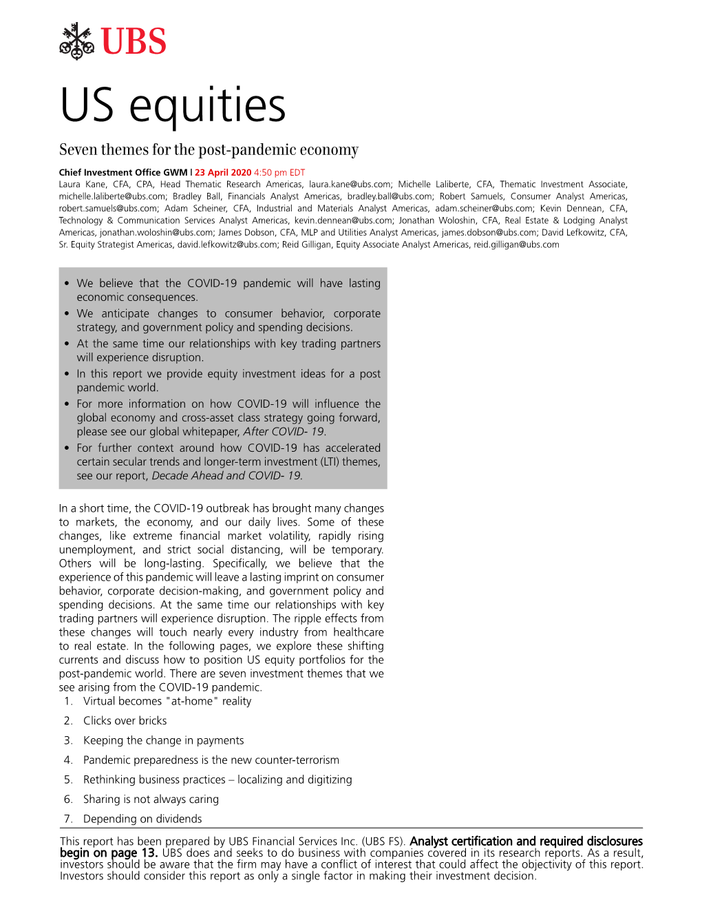 US Equities Seven Themes for the Post-Pandemic Economy