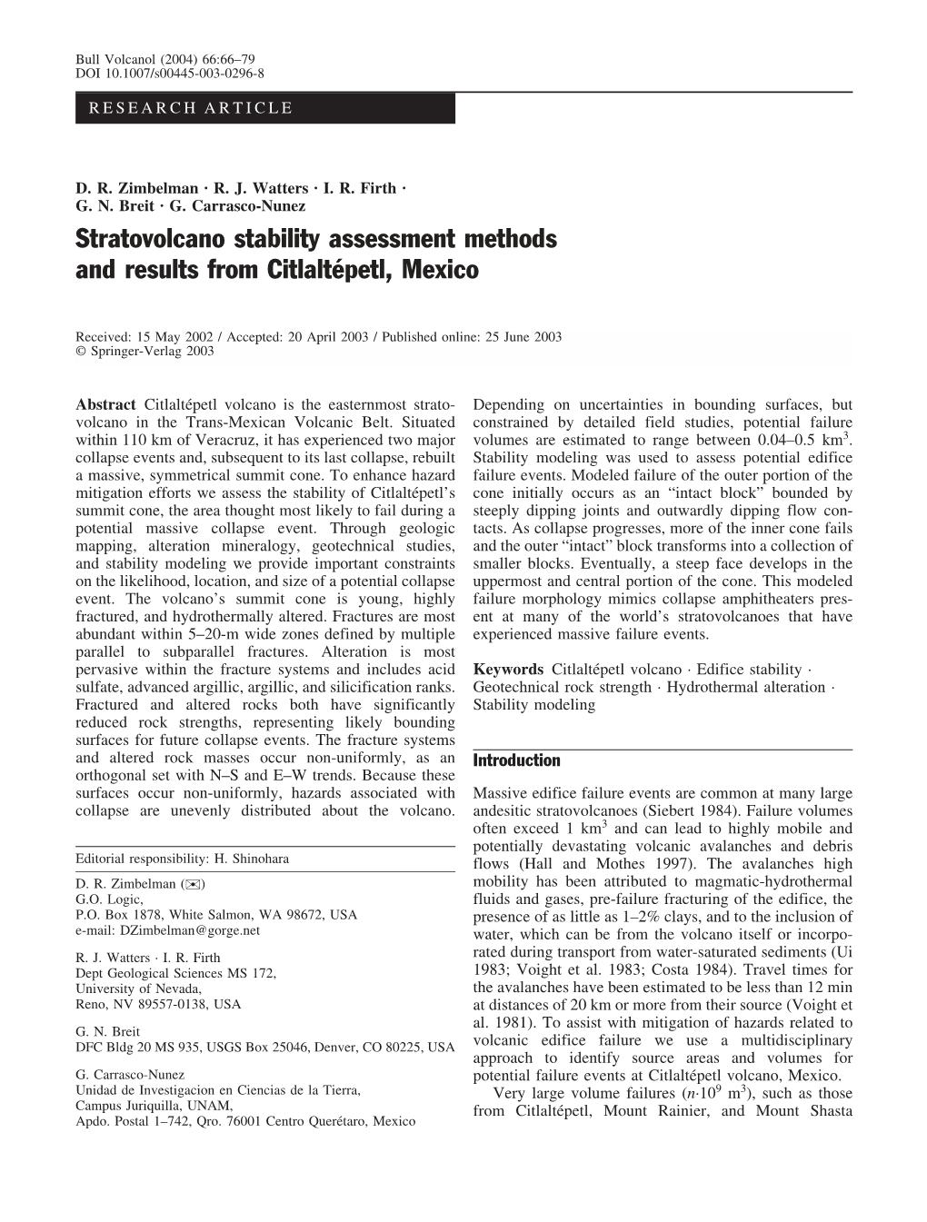 Stratovolcano Stability Assessment Methods and Results from Citlalt�Petl, Mexico