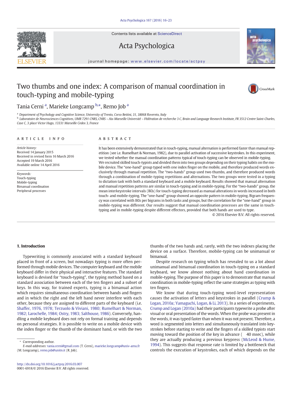 A Comparison of Manual Coordination in Touch-Typing and Mobile-Typing