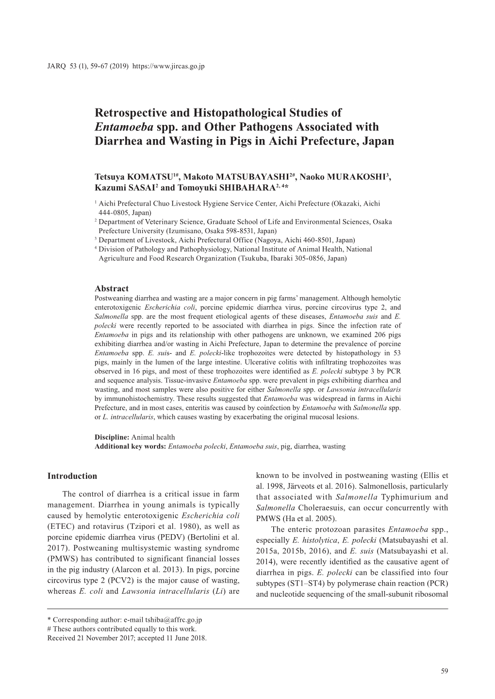 Retrospective and Histopathological Studies of Entamoeba Spp. and Other Pathogens Associated with Diarrhea and Wasting in Pigs in Aichi Prefecture, Japan