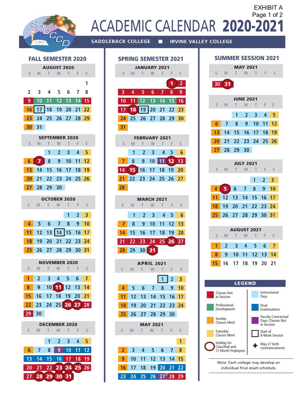 Academic Calendar 2020-2021 Saddleback College Irvine Valley College