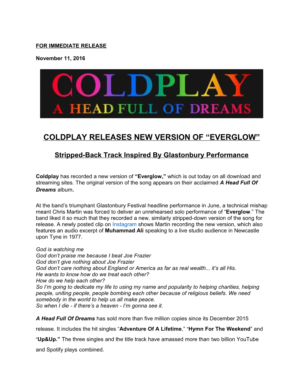 Coldplay Releases New Version of Everglow