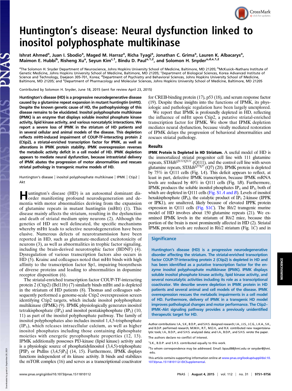 Neural Dysfunction Linked to Inositol Polyphosphate Multikinase