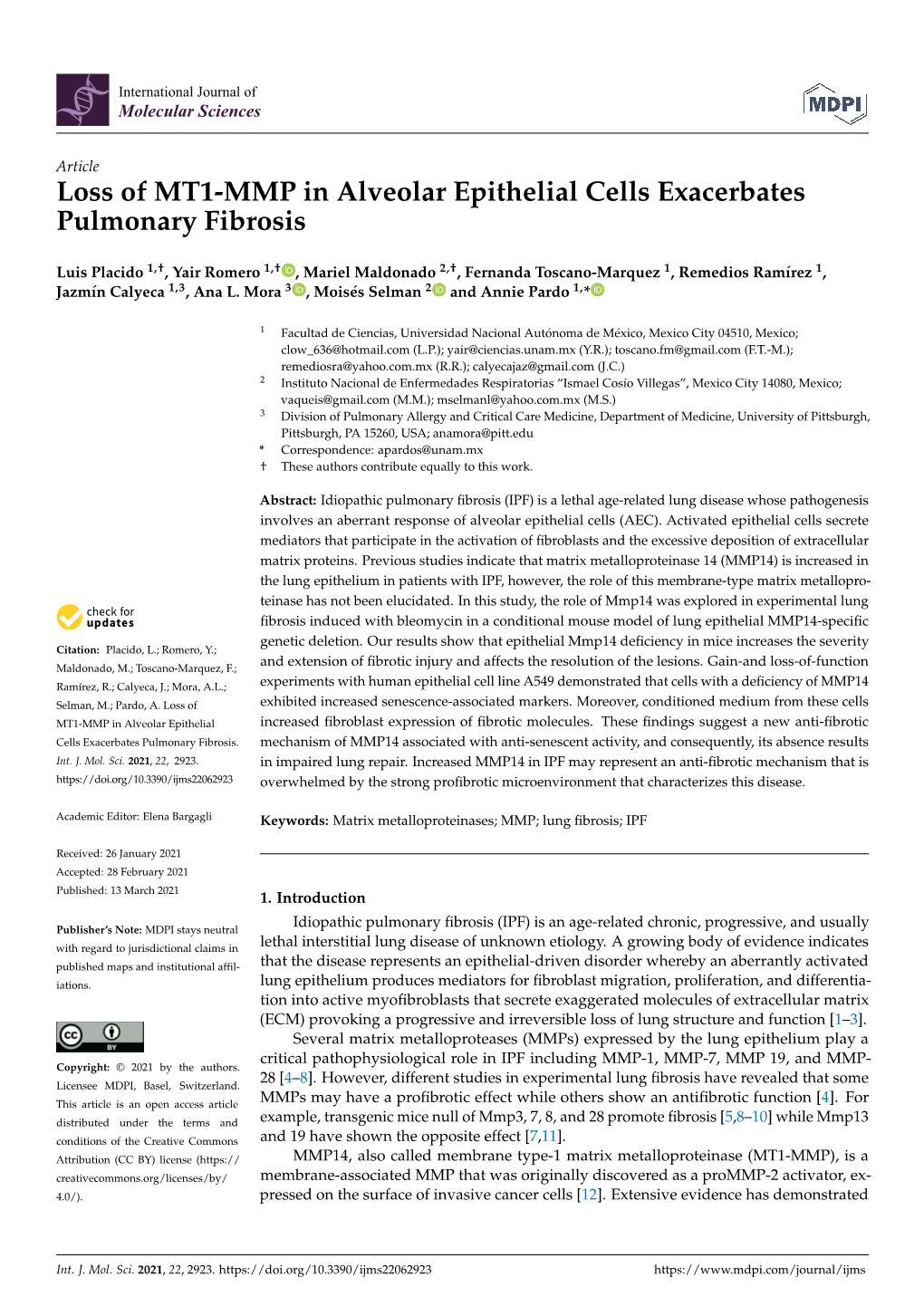 Loss of MT1-MMP in Alveolar Epithelial Cells Exacerbates Pulmonary Fibrosis