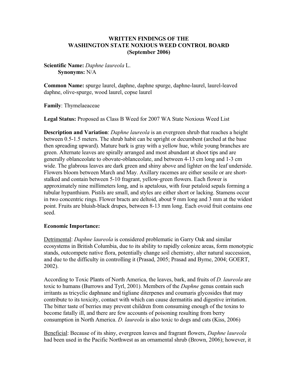 WRITTEN FINDINGS of the WASHINGTON STATE NOXIOUS WEED CONTROL BOARD (September 2006)