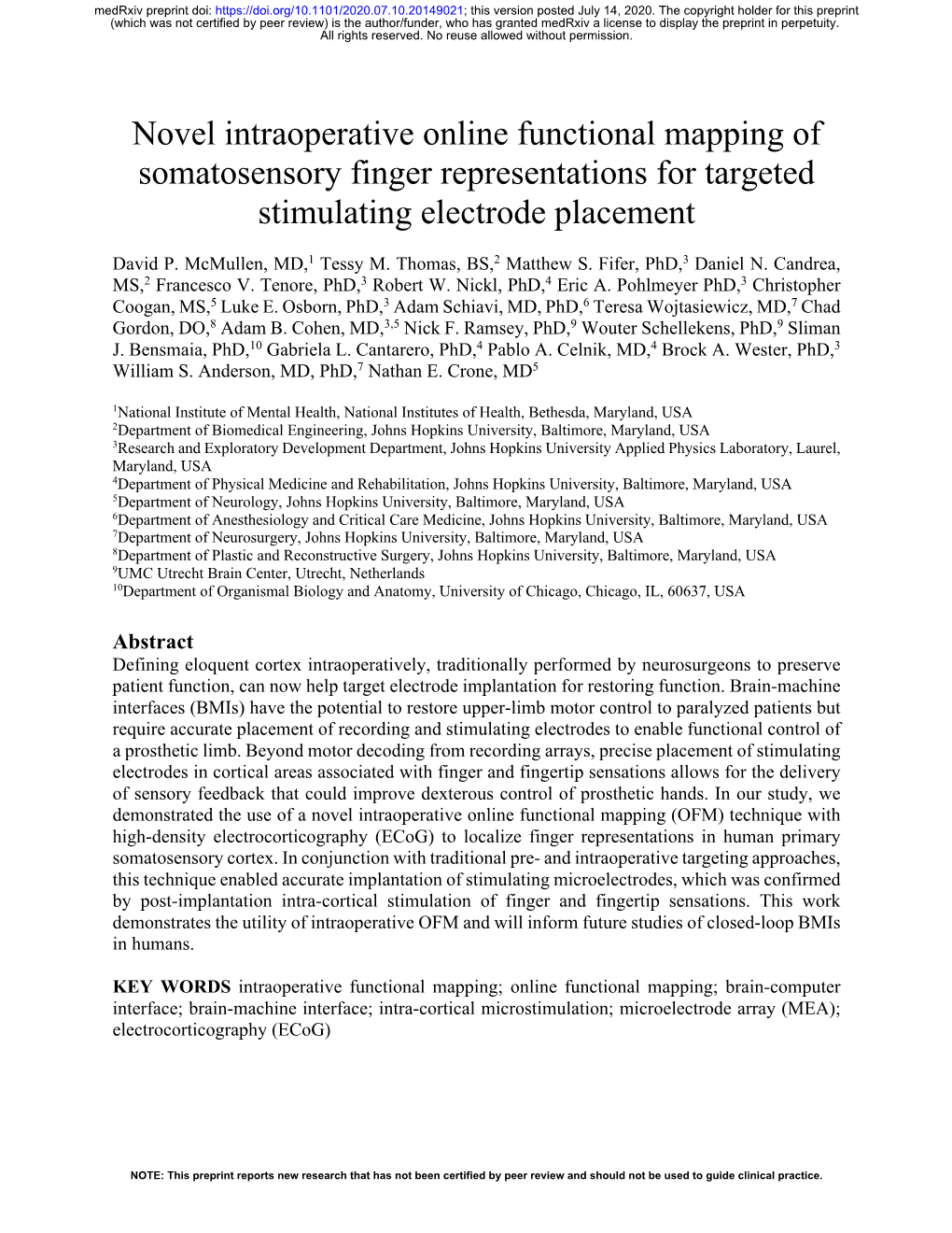 Novel Intraoperative Online Functional Mapping of Somatosensory Finger Representations for Targeted Stimulating Electrode Placement