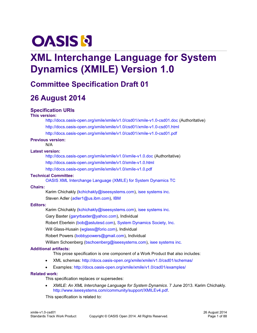 XML Interchange Language for System Dynamics (XMILE) Version 1.0