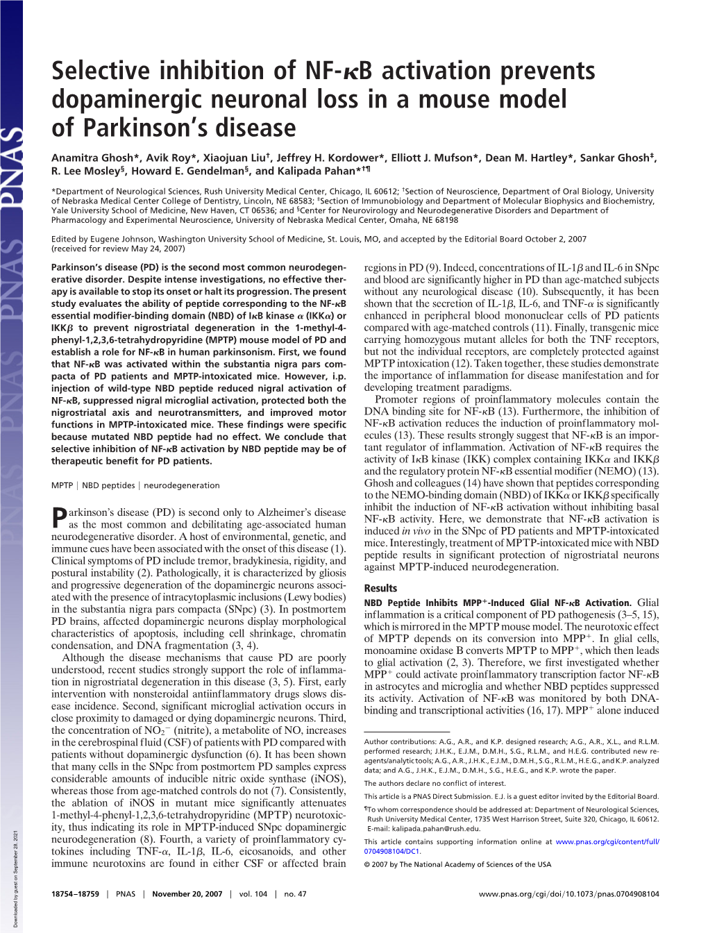 Selective Inhibition of NF- B Activation Prevents Dopaminergic Neuronal