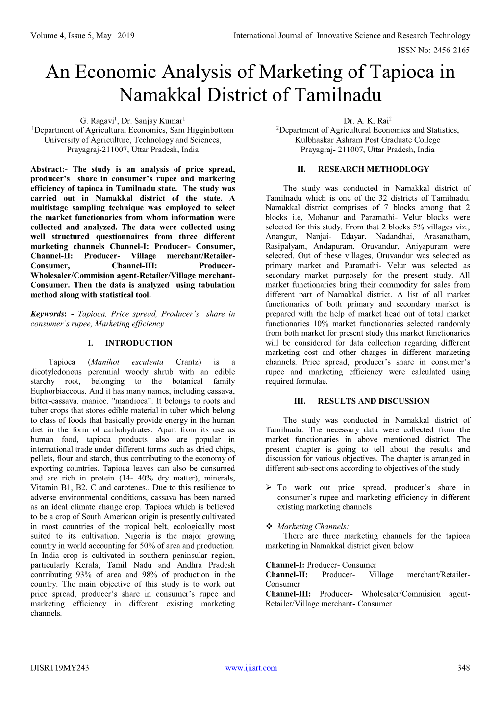 An Economic Analysis of Marketing of Tapioca in Namakkal District of Tamilnadu