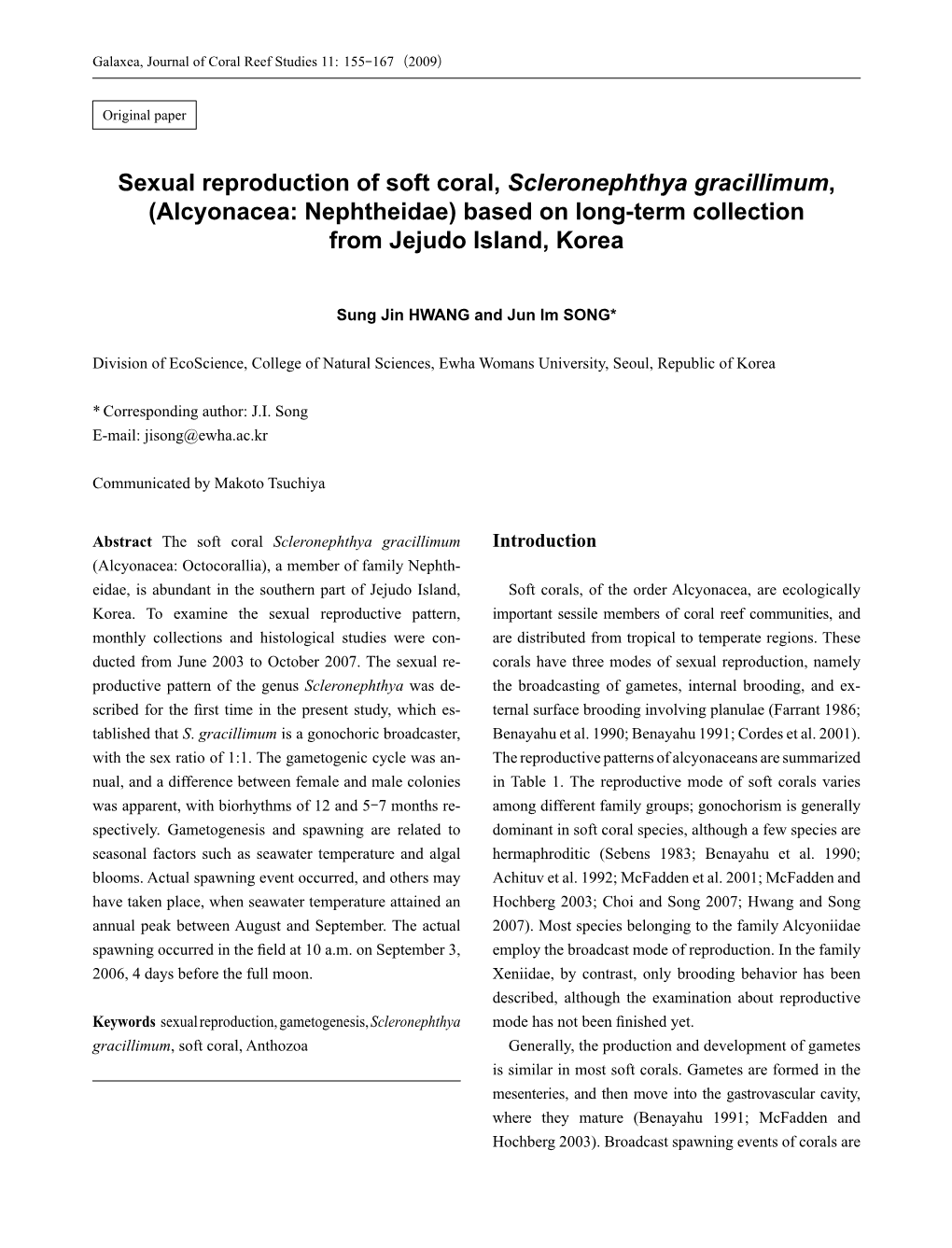 Sexual Reproduction of Soft Coral, Scleronephthya Gracillimum, (Alcyonacea: Nephtheidae) Based on Long-Term Collection from Jejudo Island, Korea