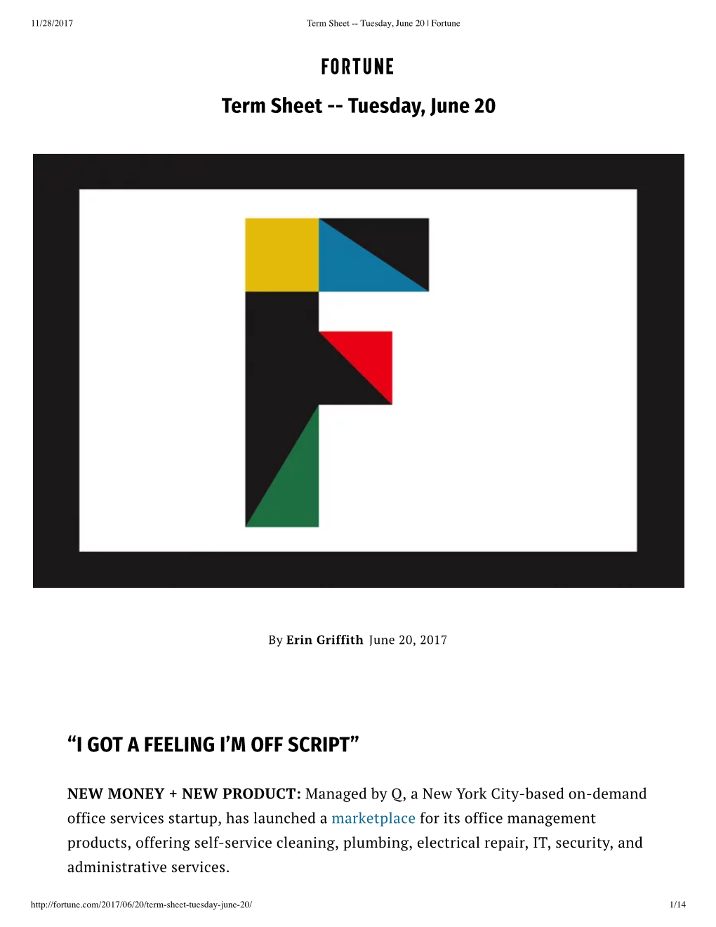 Term Sheet -- Tuesday, June 20 “I GOT a FEELING I'm OFF SCRIPT”